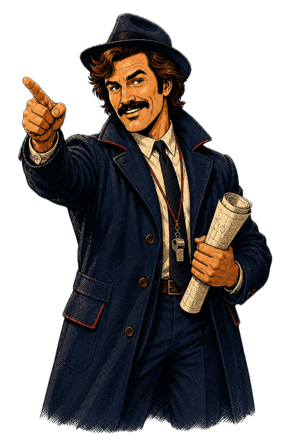Football Chuck pointing, with a whistle and a rolled-up playbook