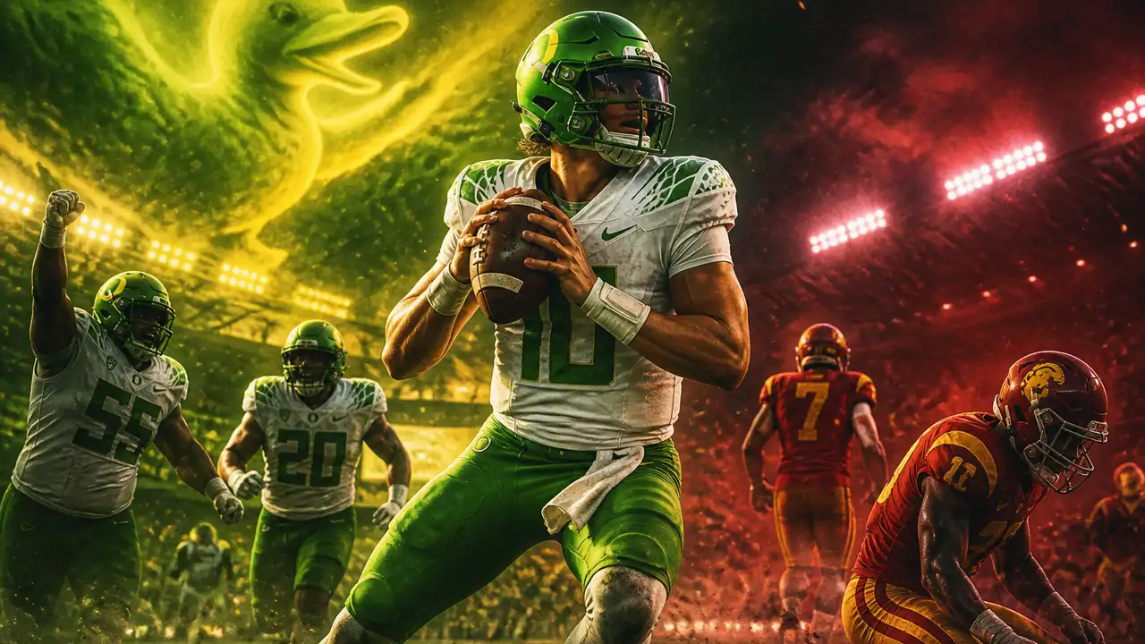 Raiola leads Oregon past USC 41-27 after Moore leaves following targeting hit cover